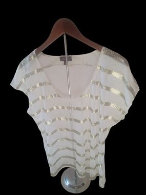 Sheer Cream Top with Gold Stripes - Women's Casual Blouse